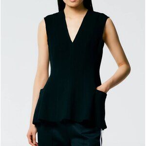 Tibi Melee Crepe V-Neck Top Black Sleeveless Blouse 4 knit tweed